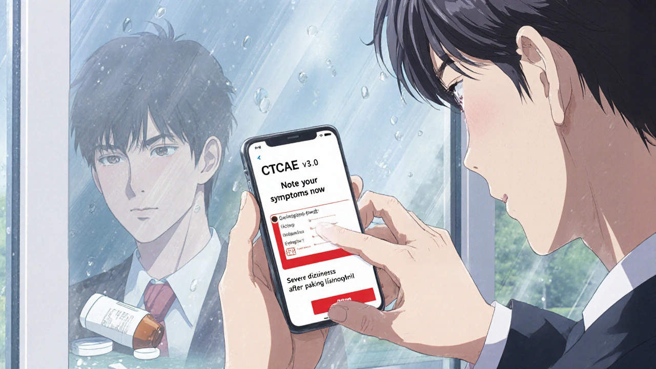 Main tenant un téléphone affichant une échelle de gravité CTCAE v5.0, avec une transpiration et une éruption cutanée en arrière-plan.
