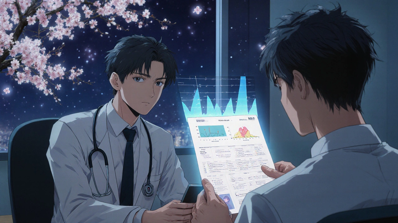 Médecin et patient examinent un rapport numérique de symptômes, avec des données visuelles et une photo d&#039;éruption cutanée.