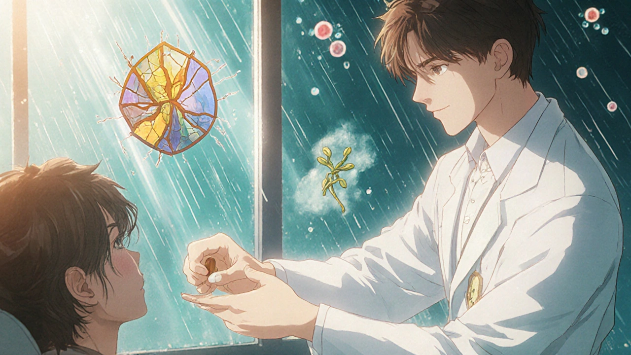 Neurologue remettant une pilule à un patient, avec des symboles visuels de réparation nerveuse et de réduction de l&#039;inflammation.