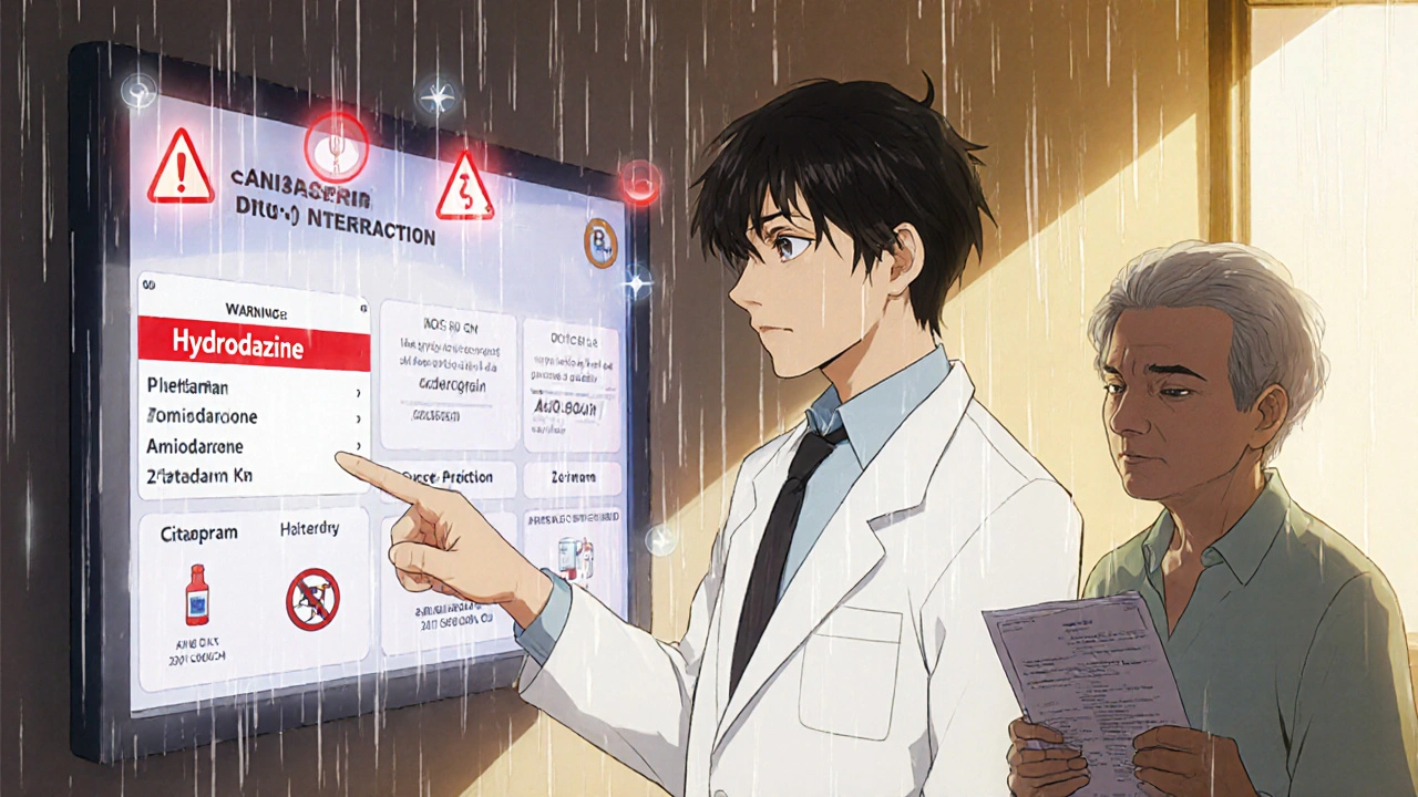 Pharmacien alertant un patient âgé sur les interactions dangereuses d&#039;un médicament.