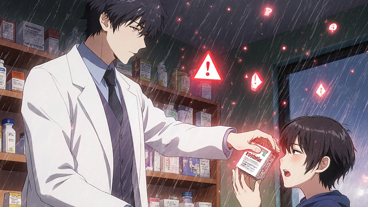 Pharmacien reçoit un EpiPen périmé d&#039;un adolescent, des symboles d&#039;avertissement flottent dans l&#039;air.