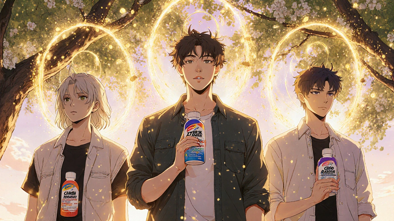 Trois jeunes adultes sous un arbre en fleur, chacun avec un antihistaminique non somnolent, le pollen disparaît autour d&#039;eux.