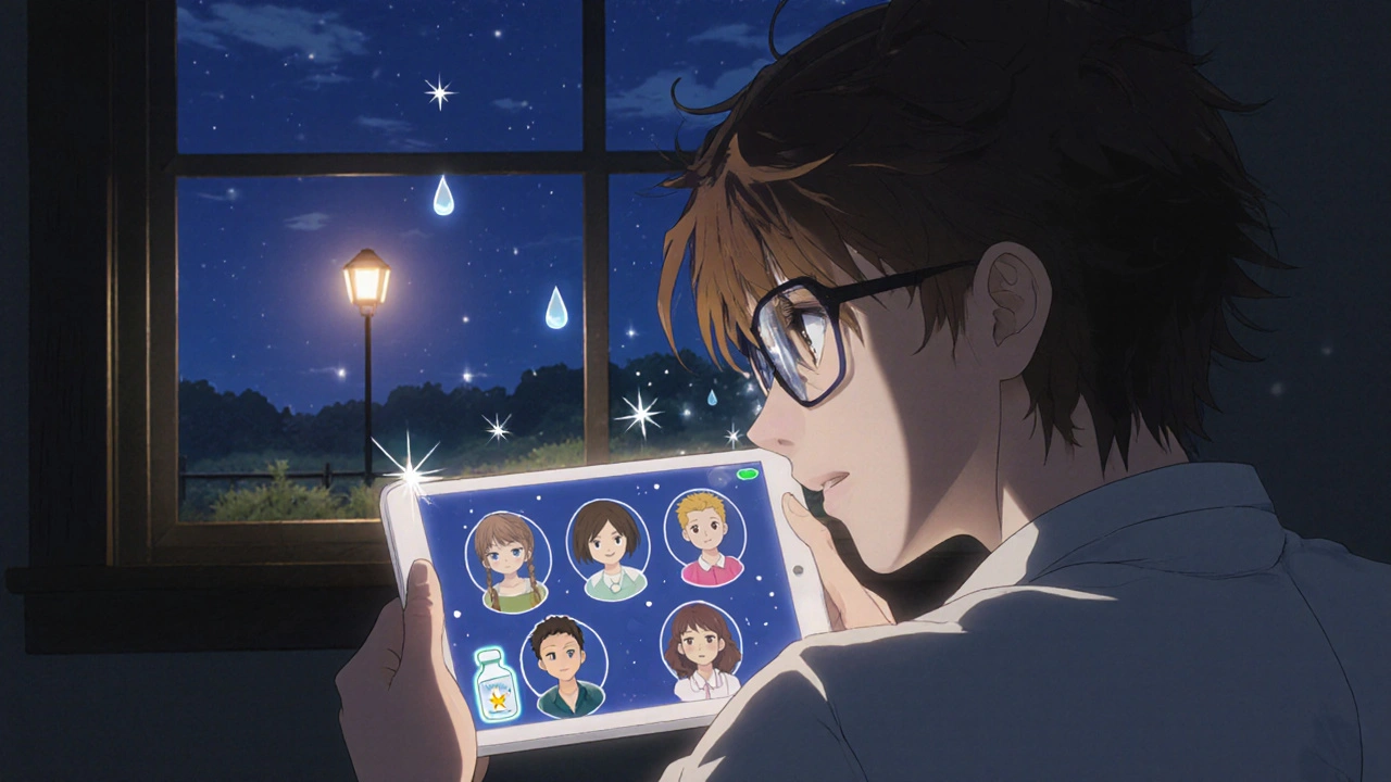 Un adolescent regarde une vidéo de groupe de soutien en ligne, se sentant moins seul dans sa chambre rurale.