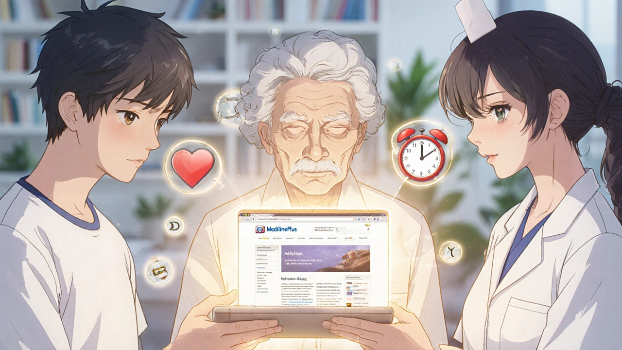 Un groupe de patients comprend un médicament grâce à un écran MedlinePlus.