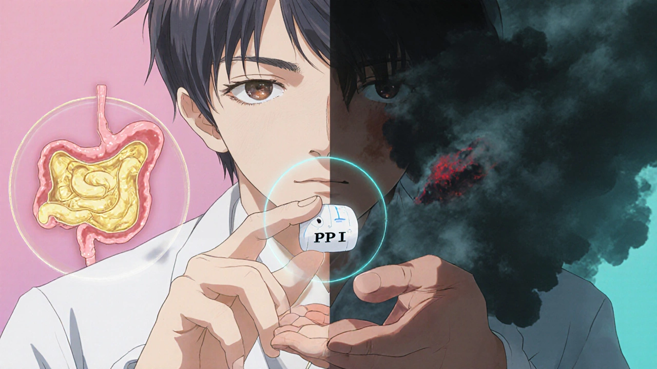 Un médecin remet une pilule PPI à un patient, avec une vision contrastée de l&#039;estomac sain et ulcéré en arrière-plan.