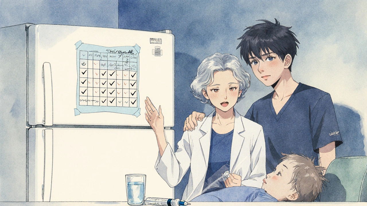 Un tableau de prise de médicaments collé au réfrigérateur avec des cases cochées.