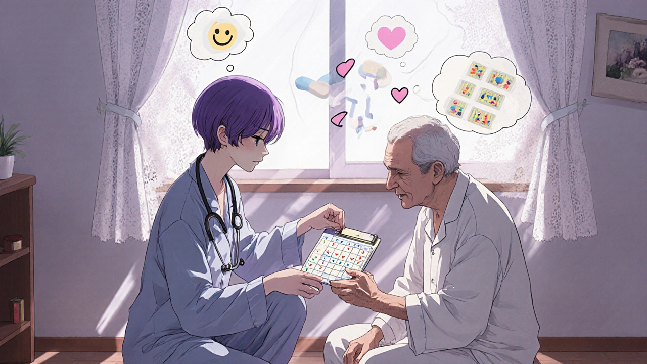 Un travailleur de santé visite un aîné à domicile, vérifiant son organisation de médicaments avec bienveillance.