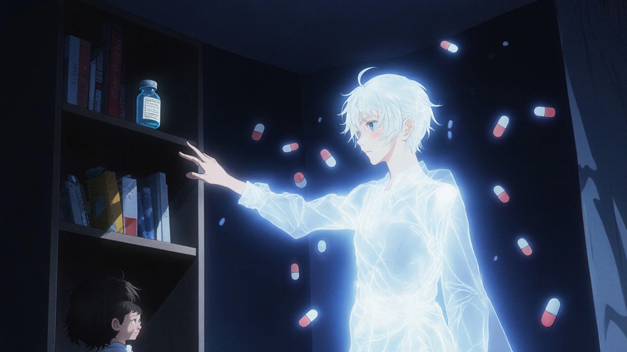 Une main d&#039;enfant atteint un médicament tandis qu&#039;une figure lumineuse le protège.