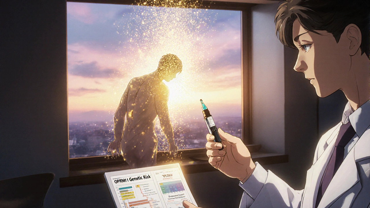 Une main tenant une naloxone, une lumière dorée émerge tandis que des particules de respiration s’envolent vers l’aube.