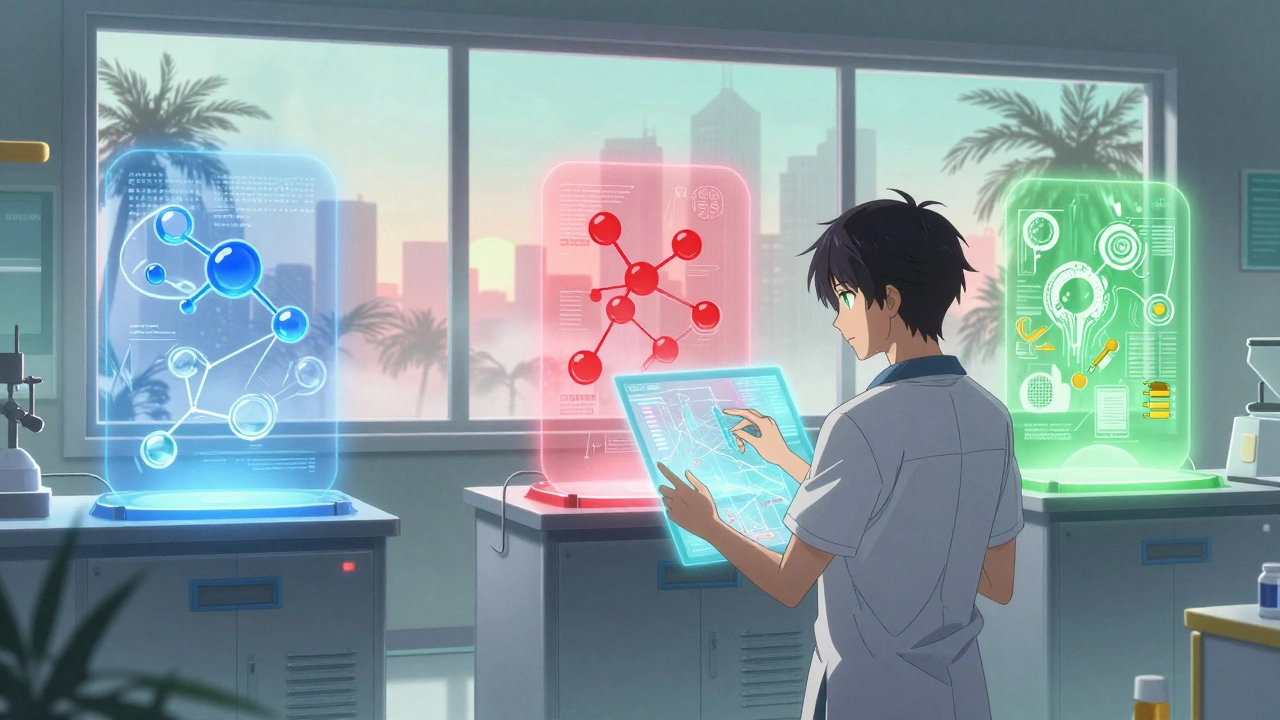 Cartographie holographique de chambres de stabilité avec structures moléculaires flottantes.