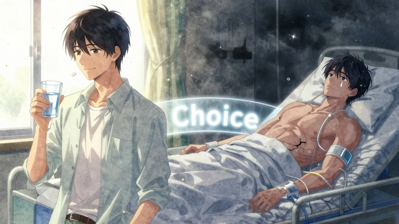 Contraste entre le patient en sécurité avec de l&#039;acétaminophène et sa version malade en lit d&#039;hôpital, séparés par un pont lumineux.