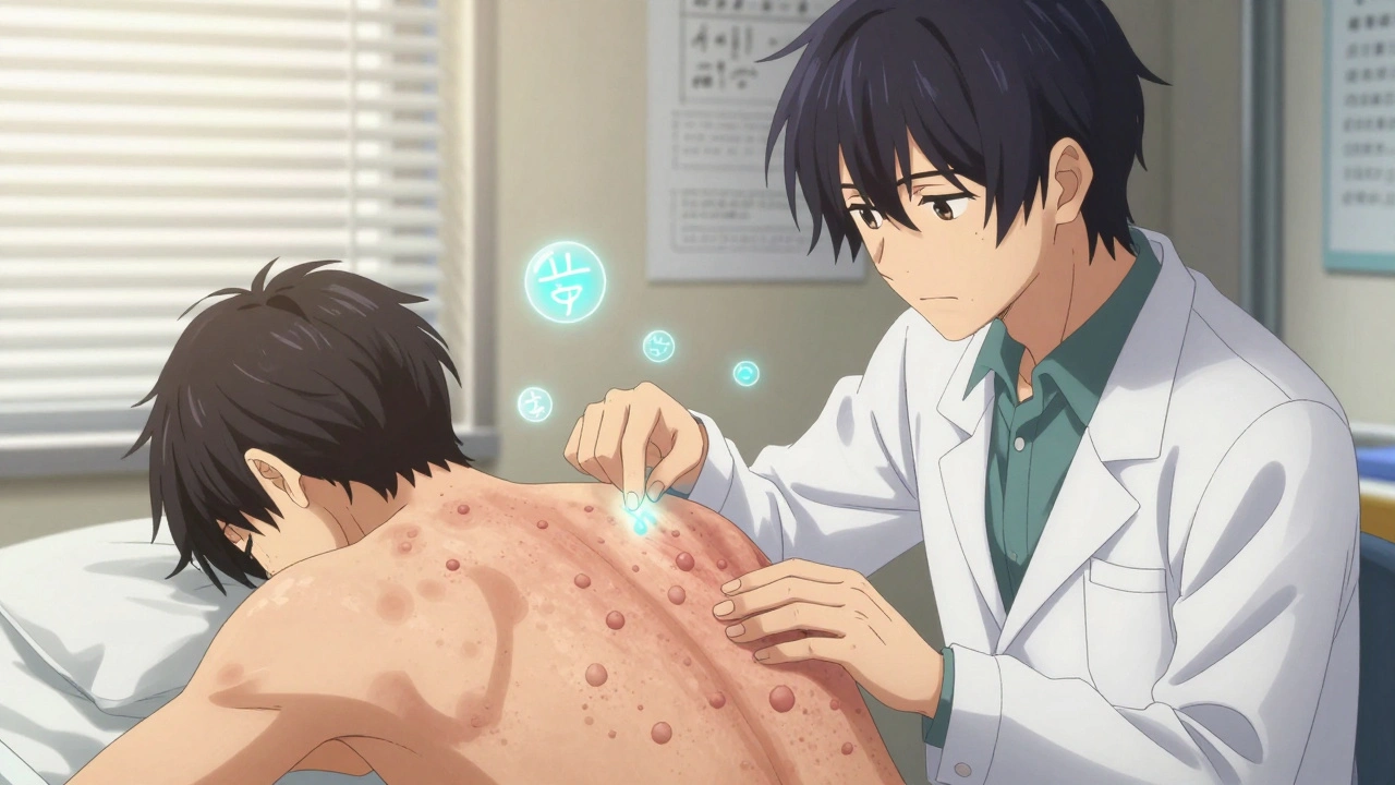 Dermatologue examinant un patient aux pustules stériles, des symboles médicaux flottant dans l&#039;air.