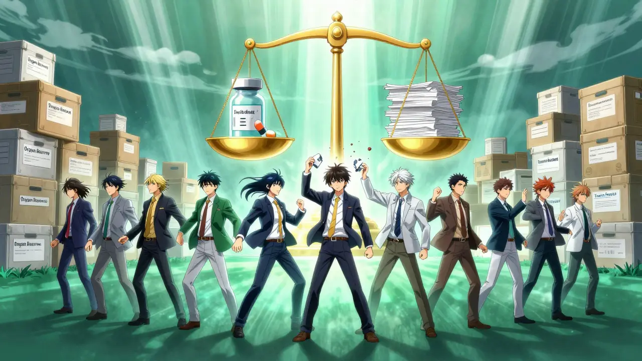 Des dirigeants étatiques formant une chaîne humaine brillante, tenant des morceaux de contrats déchirés, avec des caisses de médicaments génériques en arrière-plan.