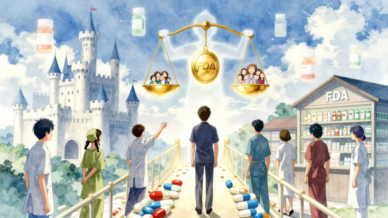 Des patients atteignent une passerelle de comprimés reliant un laboratoire à une pharmacie, sous un ciel de bouteilles de médicaments.