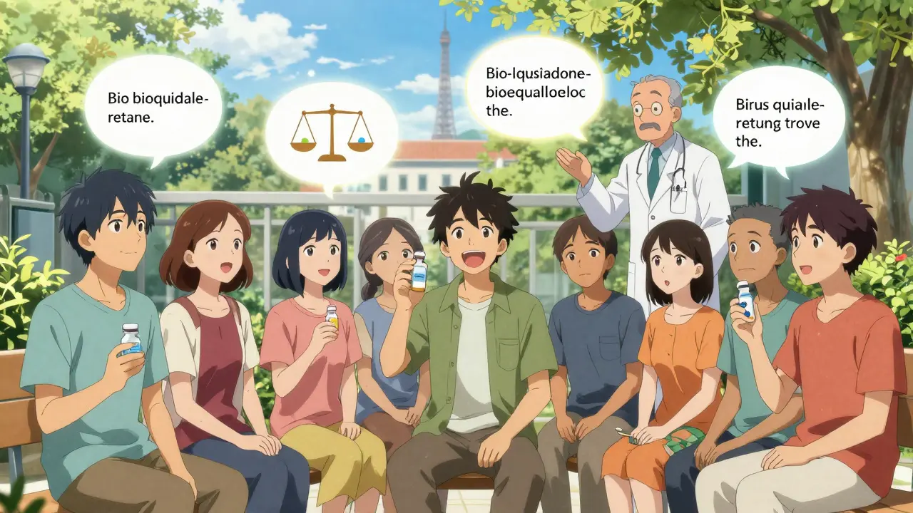 Des patients dans une cour d’hôpital, certains confiants, d’autres incertains, entourés de symboles de confiance médicale.