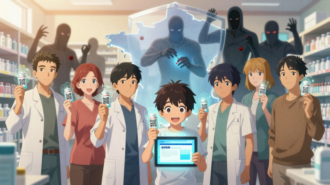 Des patients dans une pharmacie, chaque médicament entouré d'une aura numérique, un bouclier protège contre les contrefaçons.