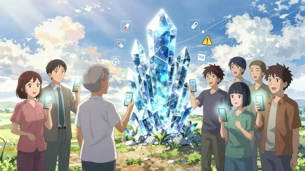 Des patients envoient des signalements sécurisés vers une structure blockchain géante au lever du jour.