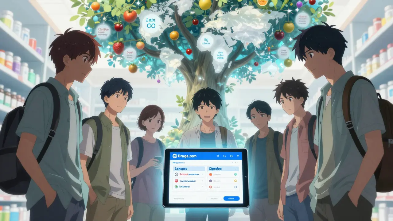 Des voyageurs consultent une tablette affichant des équivalents médicamenteux internationaux, sous une lumière douce et un arbre symbolique de médicaments.