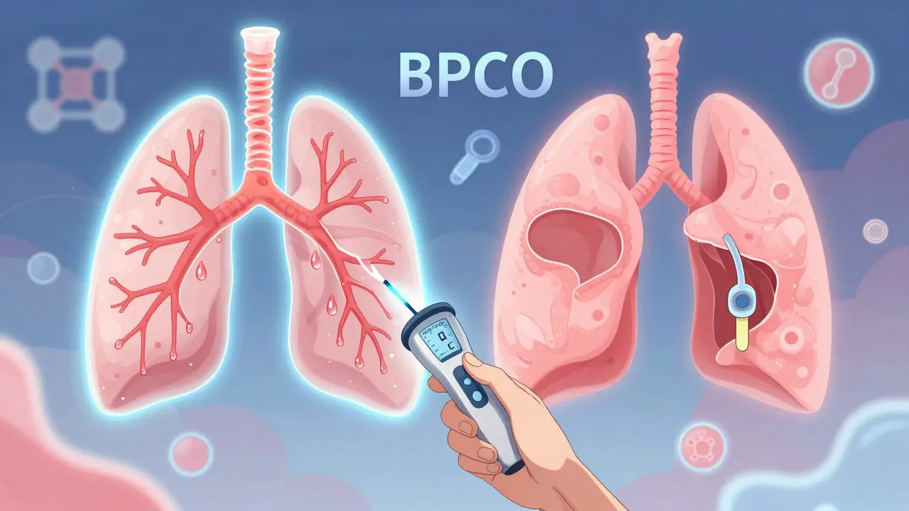 Deux voies thérapeutiques pour la BPCO : mucus et valve pulmonaire, représentées en illustration médicale stylisée.