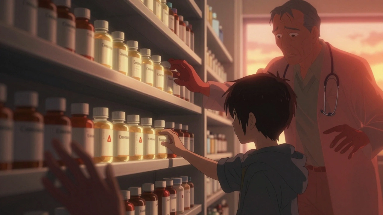 Étagère de pharmacie avec la théophylline et des médicaments dangereux, ombres menaçantes, patient inconscient du risque.