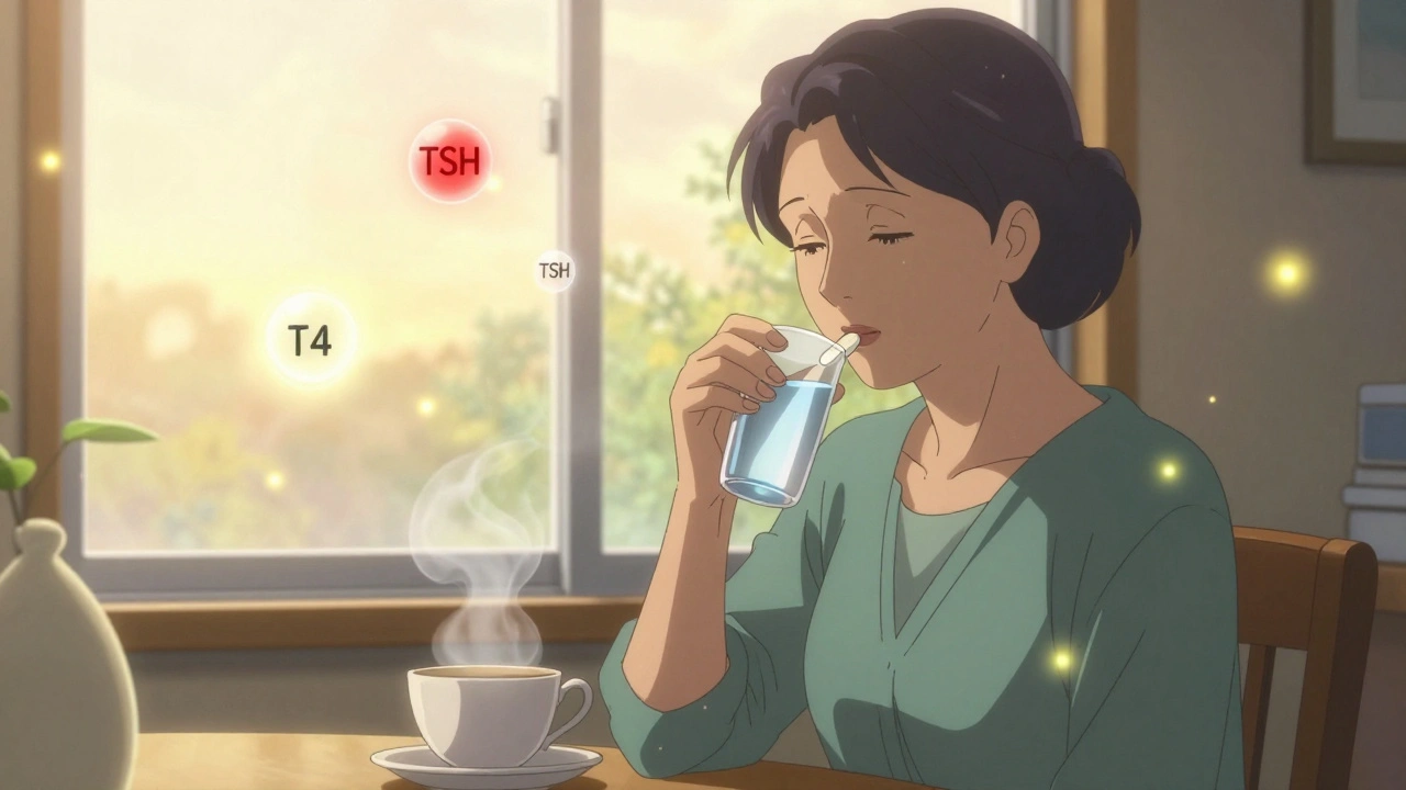 Femme âgée prenant une pilule de lévothyroxine au petit-déjeuner, entourée de molécules hormonales flottantes.