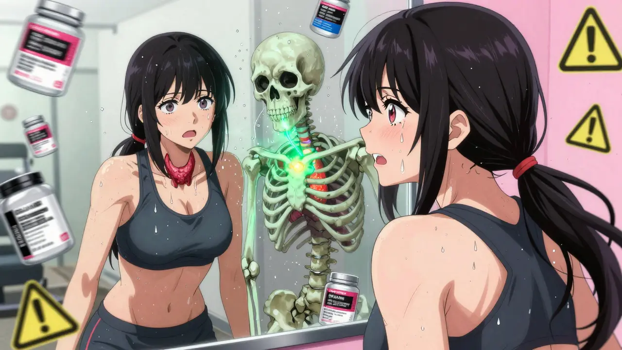 Femme regardant son reflet déformé en squelette avec une glande thyroïde radioactive, dans une salle de sport.