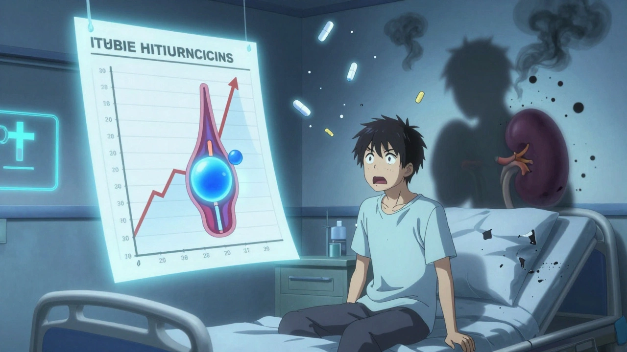 Graphique médical flottant avec une molécule de lithium piégée dans un tube rénal bouché, sous une lumière froide.