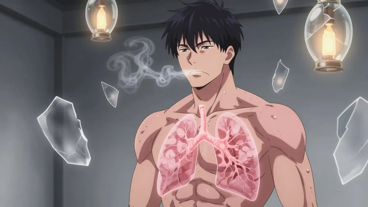 Homme au thorax en tonneau, des alvéoles détruites brillent comme des lanternes cassées autour de lui.