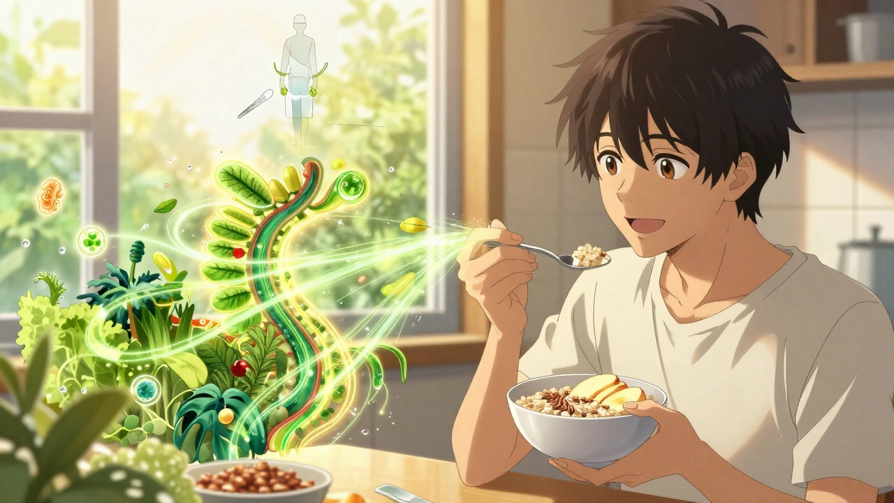 Homme en bonne santé mangeant des fibres, son côlon représenté comme un flux lumineux de flore bénéfique.