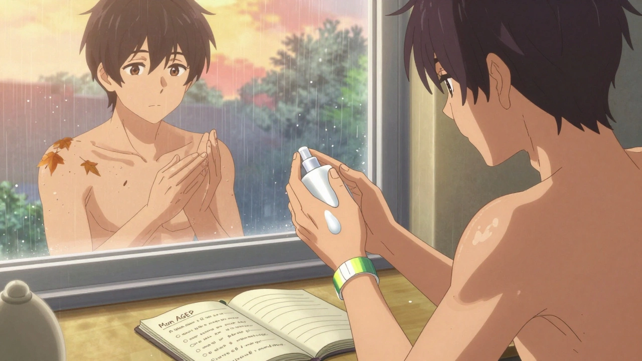 Homme en convalescence appliquant une crème hydratante, bracelet d&#039;alerte médicale visible, lumière douce du soleil.