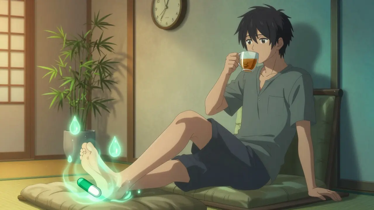 Homme sur un banc, jambes surélevées, gouttes d'eau flottantes autour des chevilles.