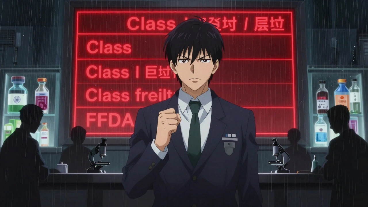 Inspecteur de la FDA face à un écran d&#039;alertes de rappel, des silhouettes d&#039;usines étrangères en arrière-plan.