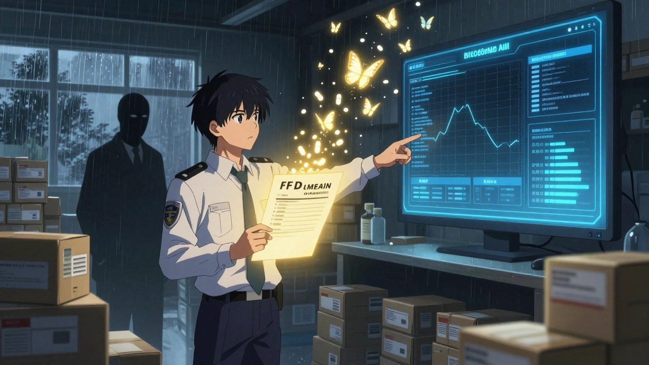 Inspecteur FDA face à une figure sombre dans un entrepôt, des comprimés se transformant en papillons.