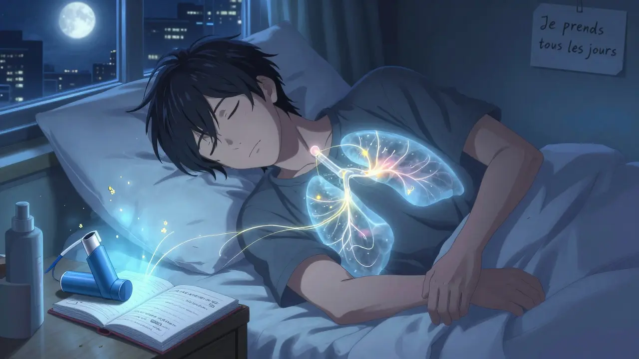 Jeune homme endormi, un inhalateur bleu sur sa table de nuit, des lumières dorées qui apaisent ses poumons.