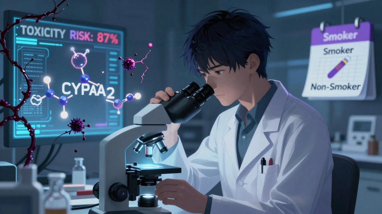 Médecin analysant un échantillon de sang avec des molécules bloquant l&#039;enzyme CYP1A2, ambiance scientifique futuriste.