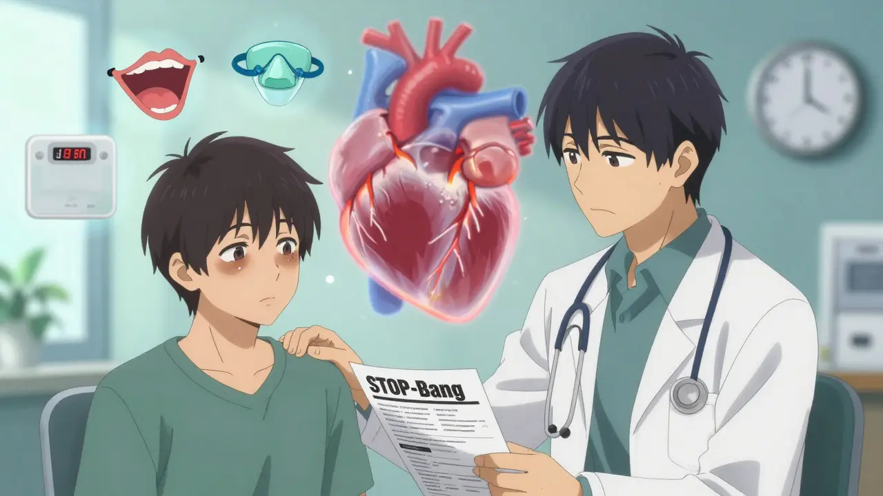 Médecin et patient dans un cabinet, cœur transparent bat irrégulièrement avec symboles médicaux flottants.