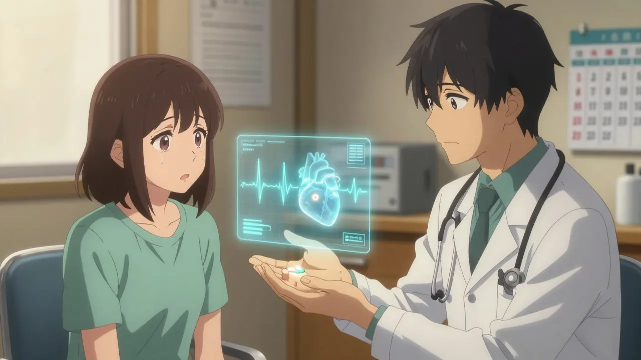 Médecin et patient dans un cabinet, un comprimé numérique émettant un hologramme de leur thyroïde et de leur fréquence cardiaque.