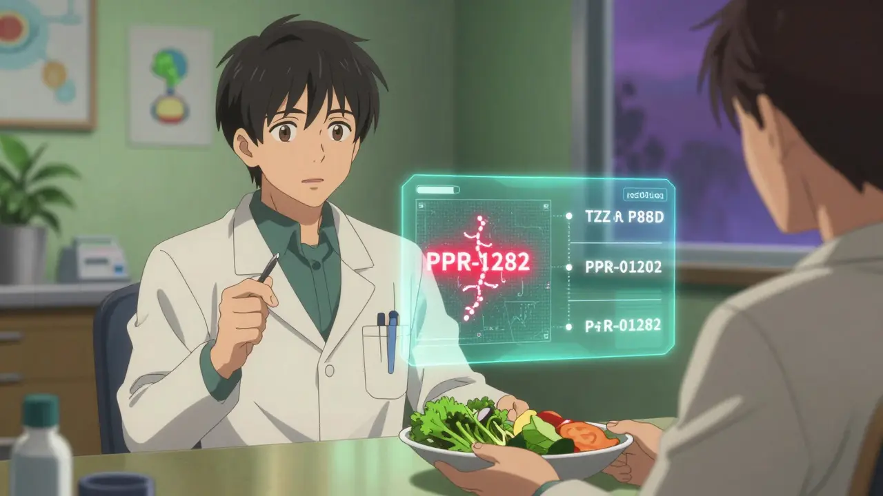 Médecin et patient regardant une carte génétique lumineuse, repas sain sur la table.