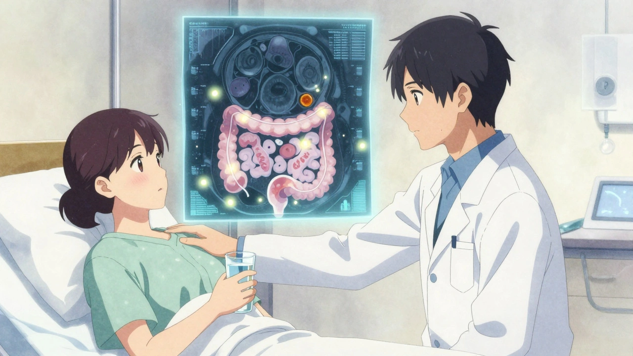 Médecin réconfortant un patient, avec un scanner holographique montrant une diverticulite en cours.