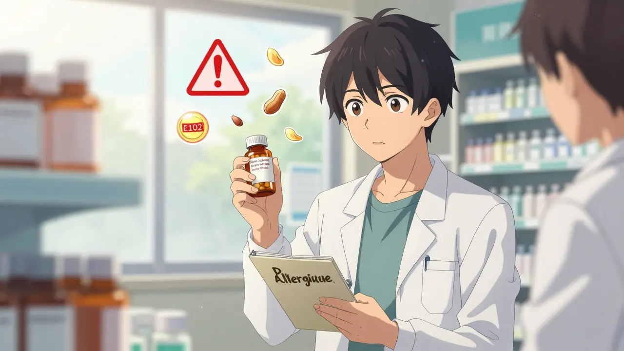 Patient dans une pharmacie recevant un générique sans lactose ni gluten, tenant son passeport allergique.