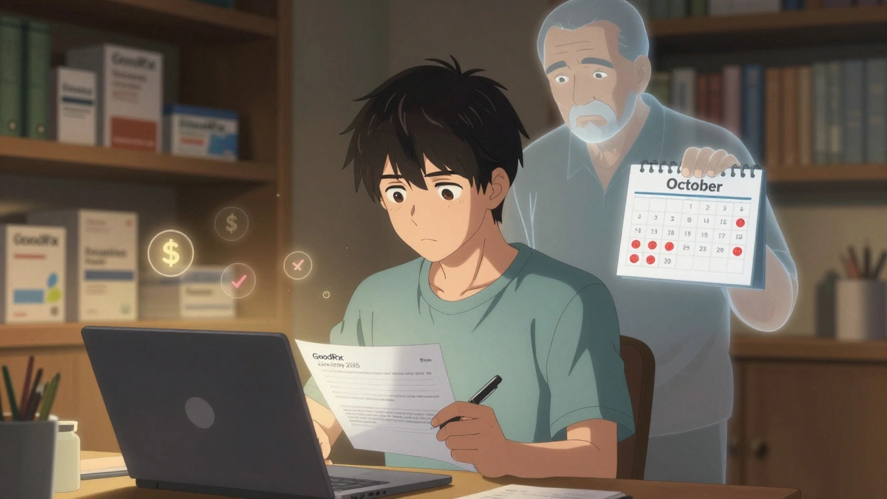 Patient déterminé à son ordinateur, entouré de documents médicaux, une ombre fantomatique le regarde depuis derrière.