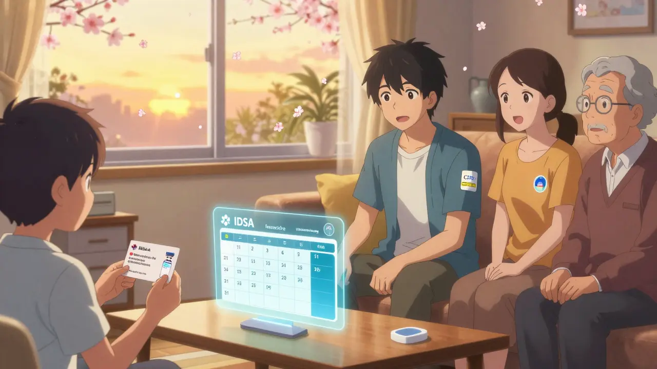 Patient entouré de proches vaccinés, un planificateur holographique flotte au-dessus d’eux dans un cadre familial chaleureux.