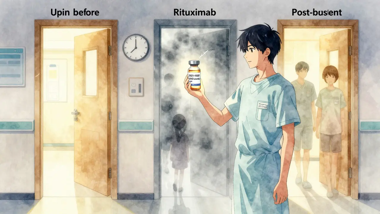 Personnage dans un couloir temporel médical, atteignant un rappel COVID-2025-2026 entouré de symboles de traitement.