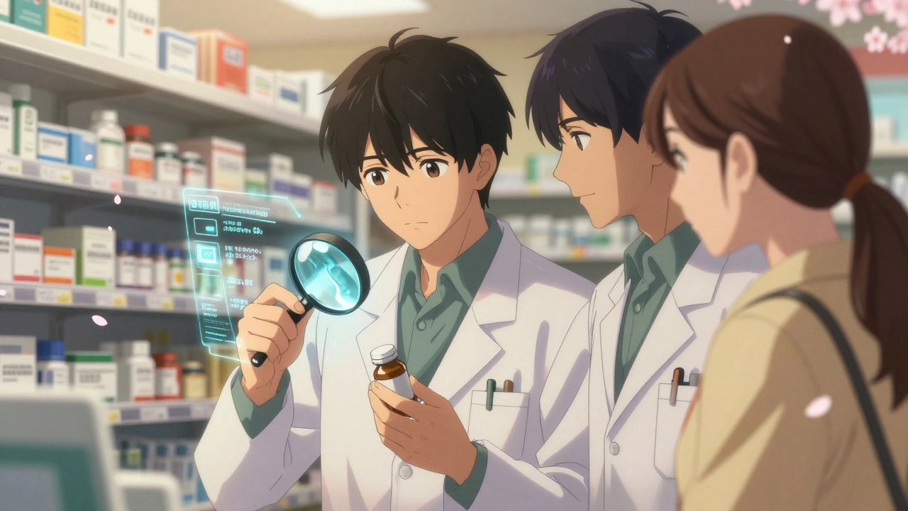 Pharmacien et patient examinant une pilule sous une loupe projetant une chaîne blockchain de traçabilité.