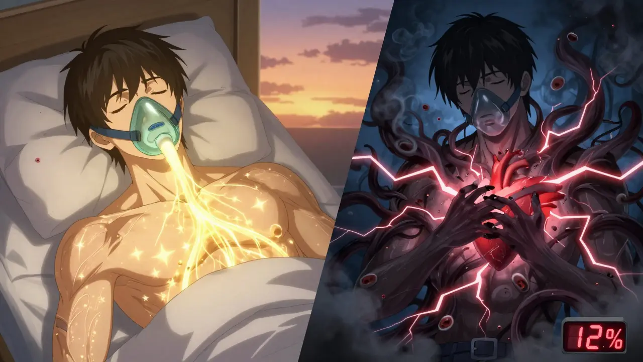 Scène divisée : homme avec masque CPAP en lumière dorée contre même homme sans masque en ombres menaçantes.