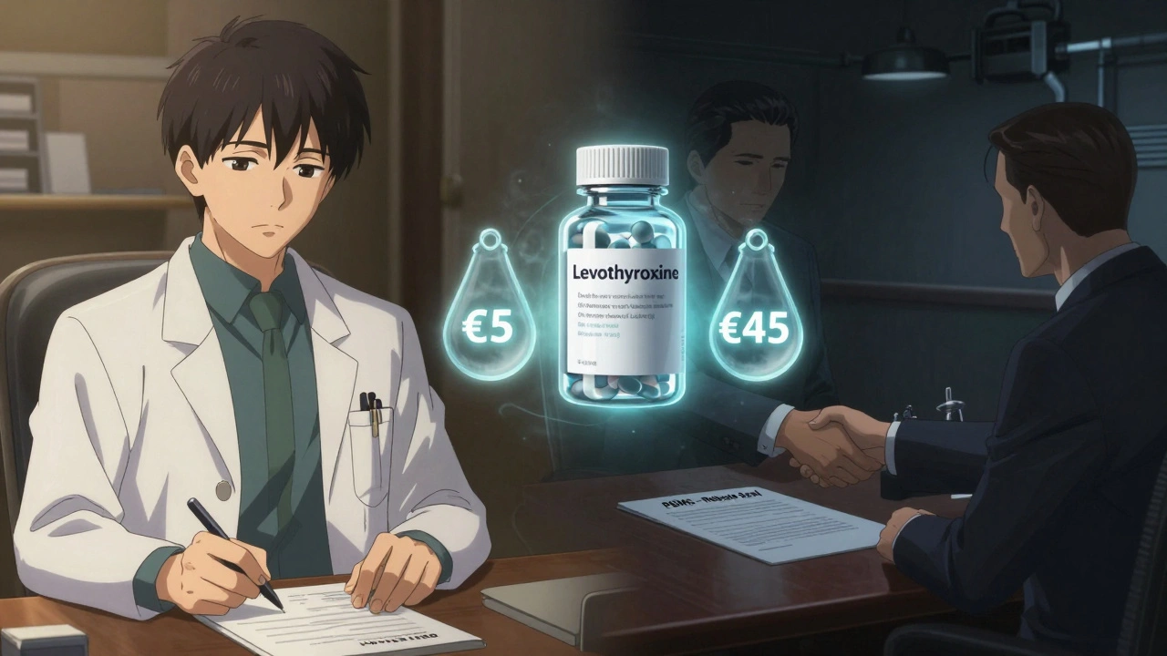 Scène divisée : médecin prescrivant à gauche, dirigeants d&#039;entreprise négociant à droite, avec une pilule affichant deux prix.