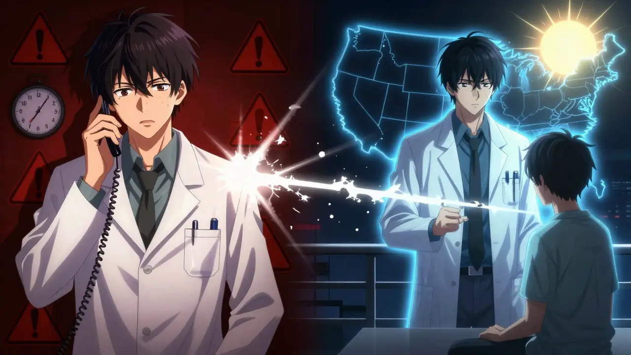 Scène divisée : un pharmacien au téléphone dans un État restrictif à gauche, et un autre qui prescrit Paxlovid à droite, un pont de lumière les relie.