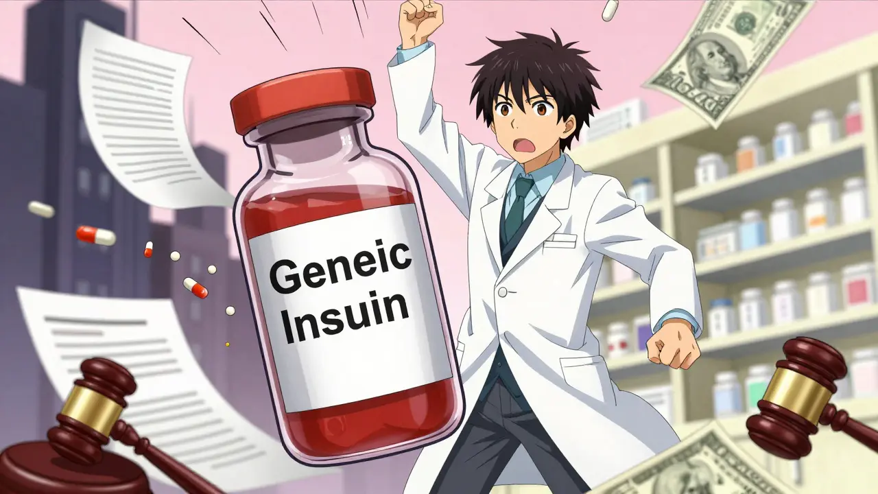 Un fabricant de génériques célèbre une décision judiciaire, un médicament géant et un horloge inversée en arrière-plan.