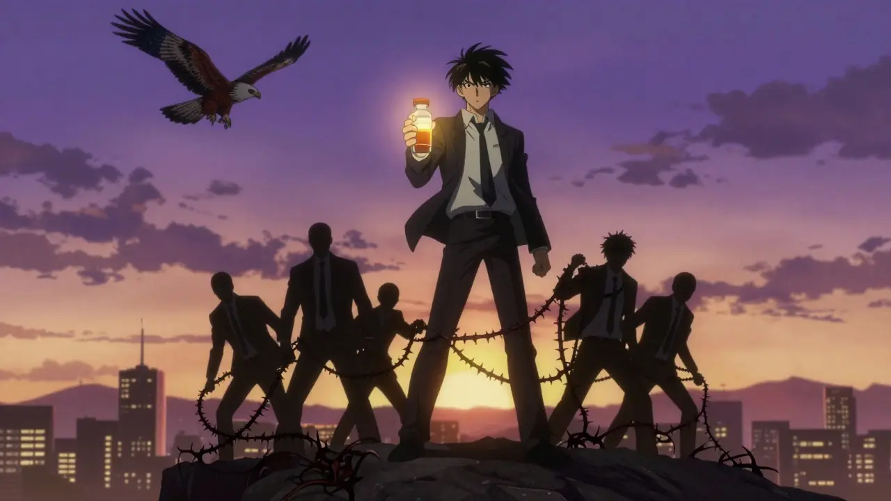 Un fabricant de génériques tient un médicament lumineux face à des chaînes de brevets, sous un ciel crépusculaire.