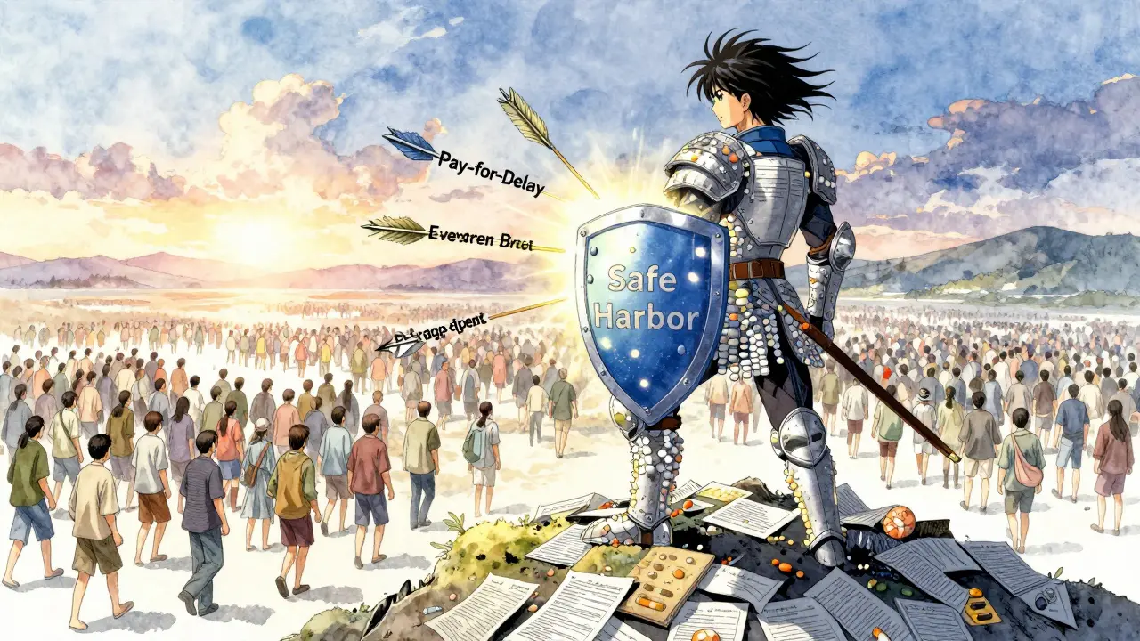 Un guerrier générique protège des patients contre des attaques de brevets abusifs, dans un paysage symbolique de médecine abordable.